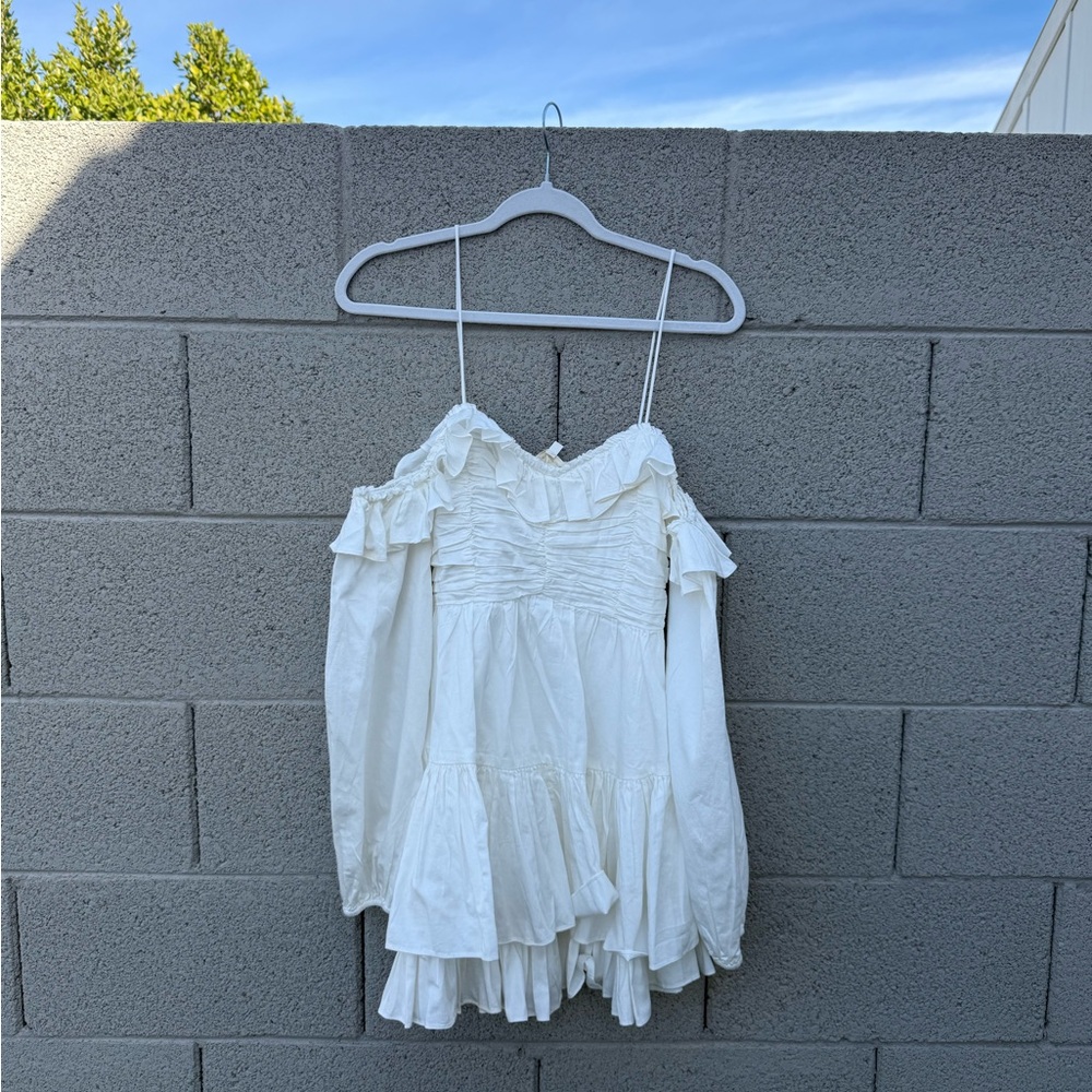 LoveShackFancy White Off Shoulder Ruffle Mini Dress